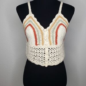 POL Womens Crochet Rainbow Babydoll Cami Tank Top Size M Cream Beachy Pride